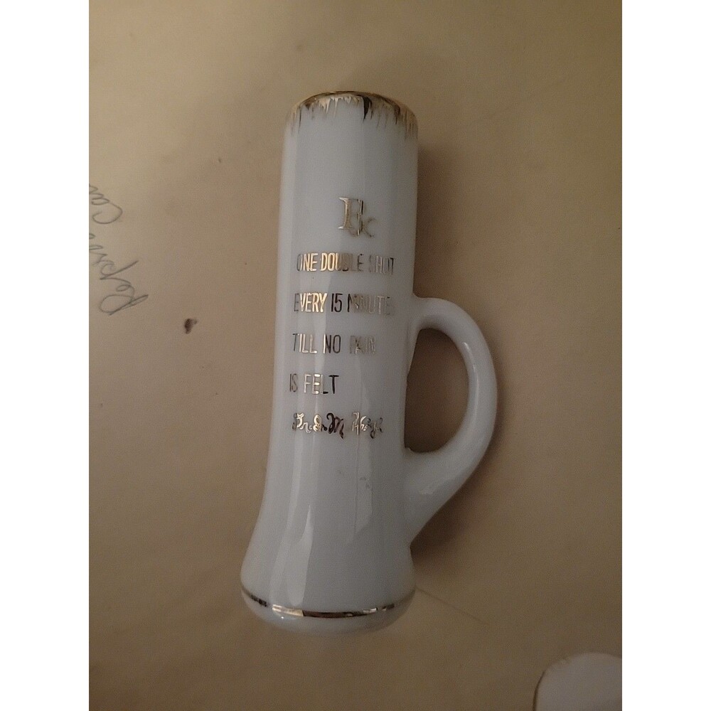 Vtg Porcelain Pharmacy RX Double Shot Glass One Shot Every 15 Mins Til No Pain